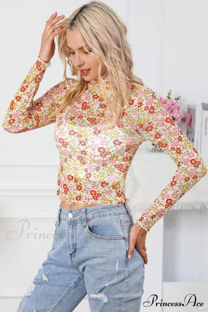 Long Arm Blouse Mock Flowered With Neck