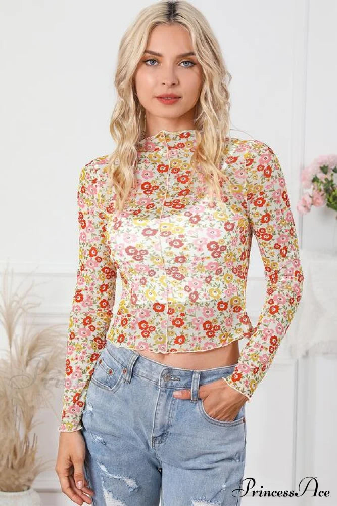 Floral Mock Neck Long Sleeve Blouse Multicolor clothes long sleeve shirt long sleeve shirts long sleeve top long sleeve tops Ship From Overseas shirt shirts SYNZ top tops