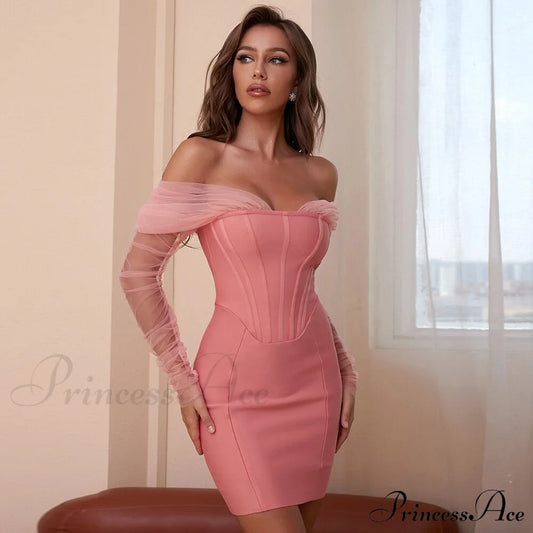 Long Arm Pink Warm-Season Sexy Bodycon Mesh Shoulder Bandage Backless Mini Women Off Dress / Xs