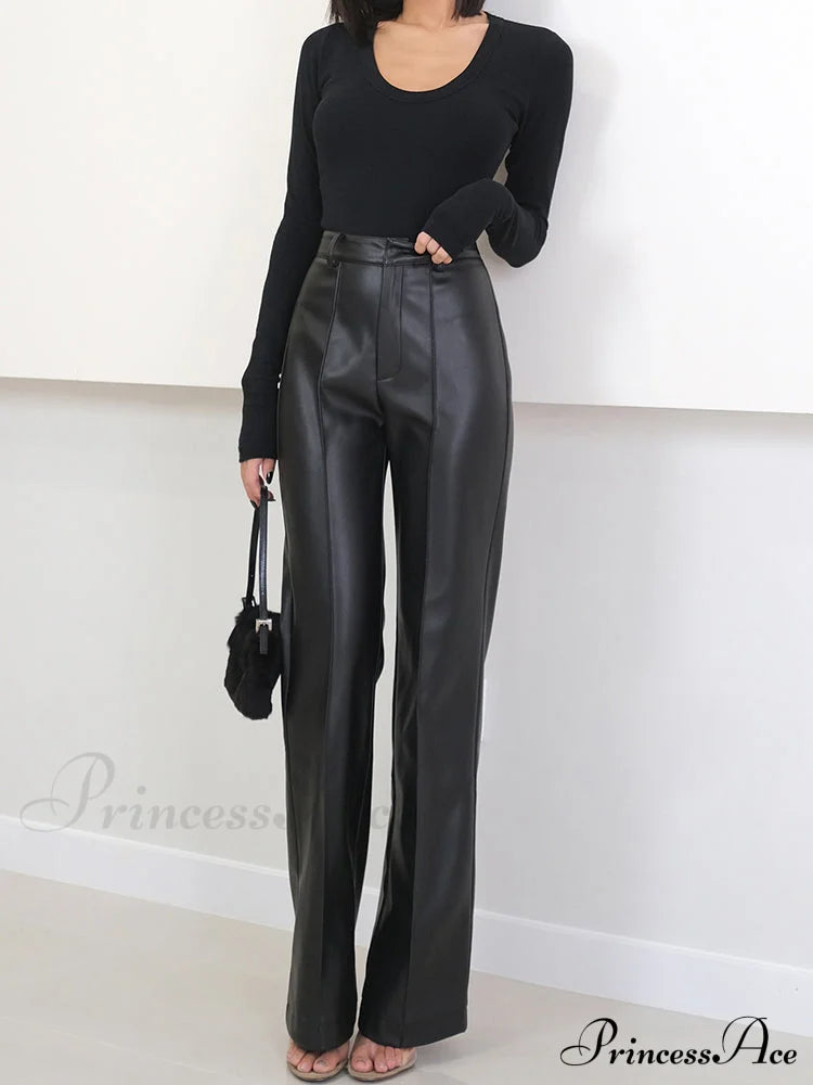 Long Black Soft Pu Leather Pants / Xs