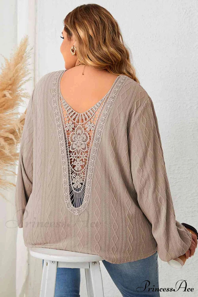 Plus Size Lace Detail V-Neck Long Sleeve Blouse Taupe clothes HS long sleeve shirt long sleeve shirts long sleeve top Ship From Overseas top tops