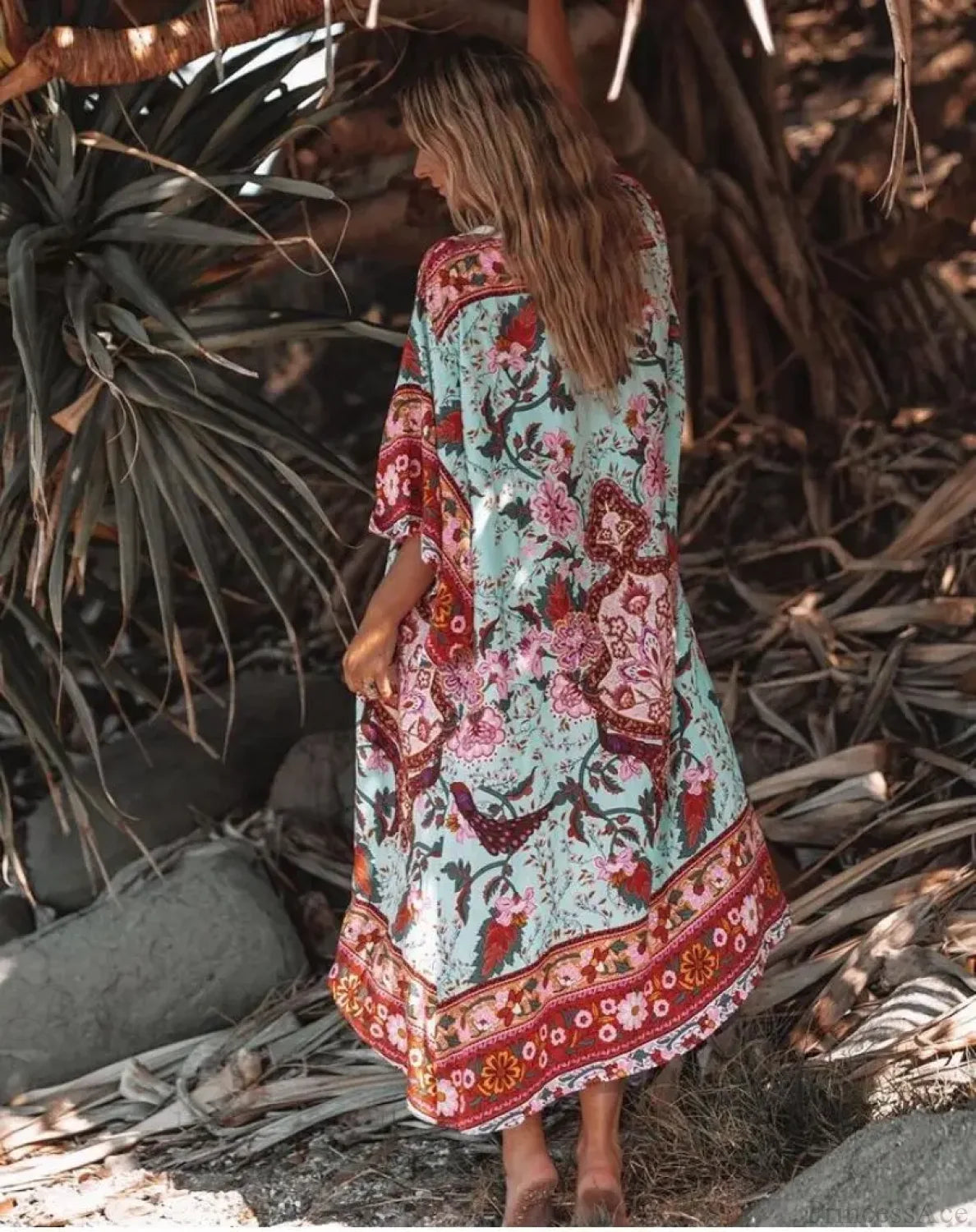 Long Boho Kaftan Rayon Floral Print Bikini Cover Up Green / S bohocoverup-250126