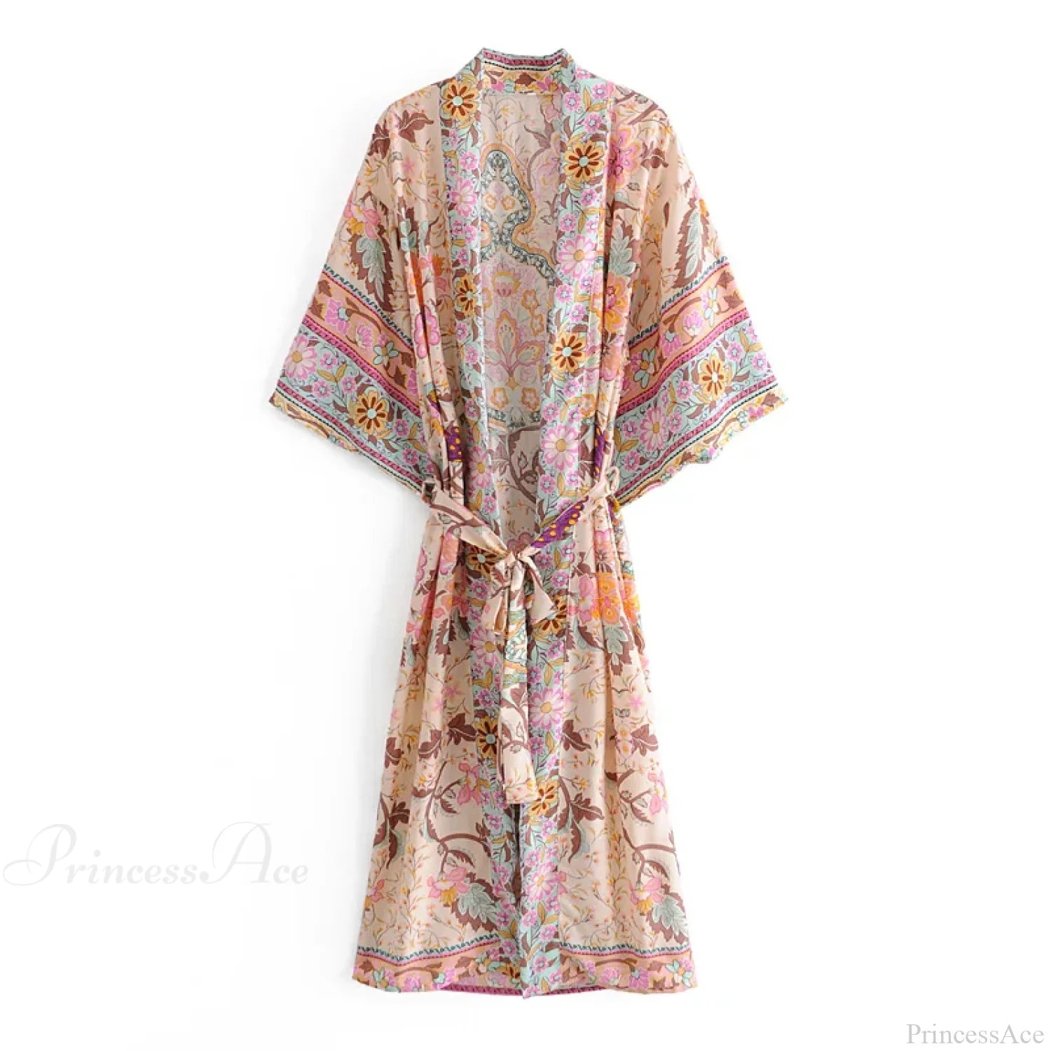 Long Boho Kaftan Rayon Floral Print Bikini Cover Up Pink / S bohocoverup-250126