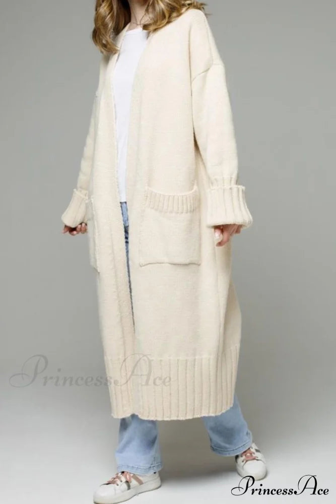 Long Cardigan With Open Front And Pockets Beige / L Cardigans