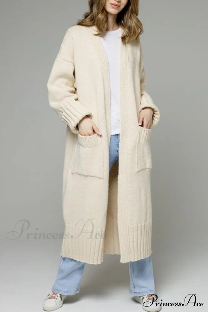 Long Cardigan With Open Front And Pockets Beige / S Cardigans