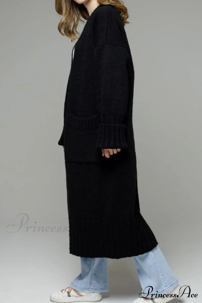 Long Cardigan With Open Front And Pockets Black / L Cardigans