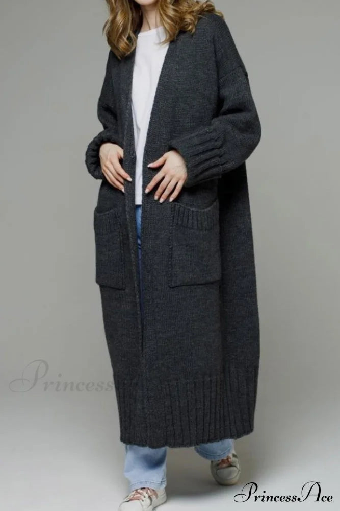 Long Cardigan With Open Front And Pockets Dark Grey / L Cardigans