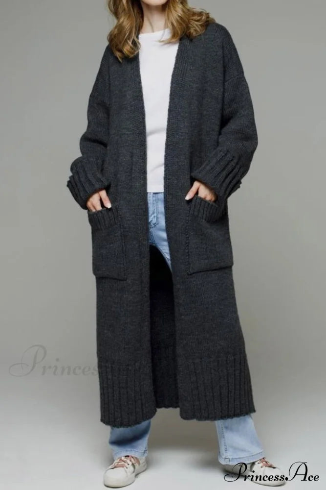 Long Cardigan With Open Front And Pockets Dark Grey / S Cardigans