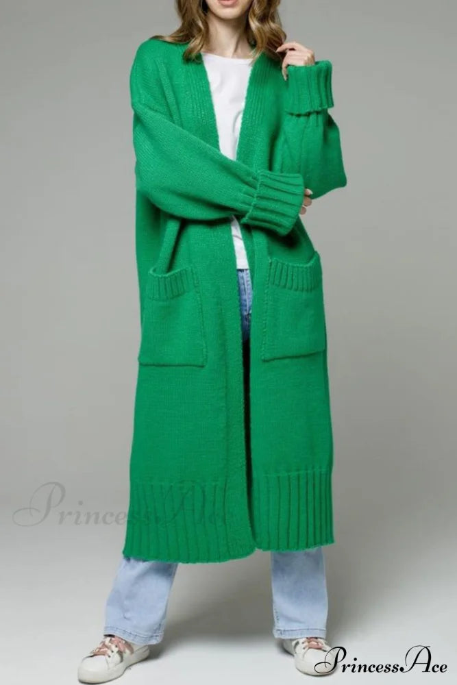 Long Cardigan With Open Front And Pockets Green / L Cardigans