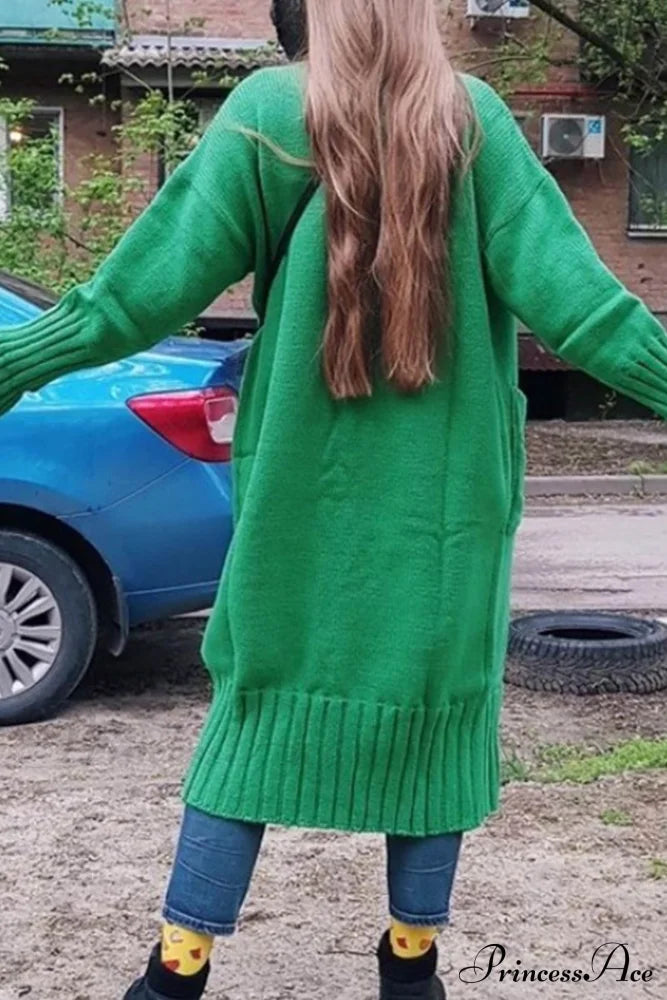 Long Cardigan With Open Front And Pockets Green / M Cardigans