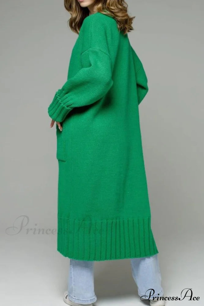 Long Cardigan With Open Front And Pockets Green / Xl Cardigans