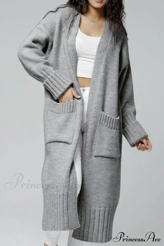 Long Cardigan With Open Front And Pockets Light Grey / S Cardigans