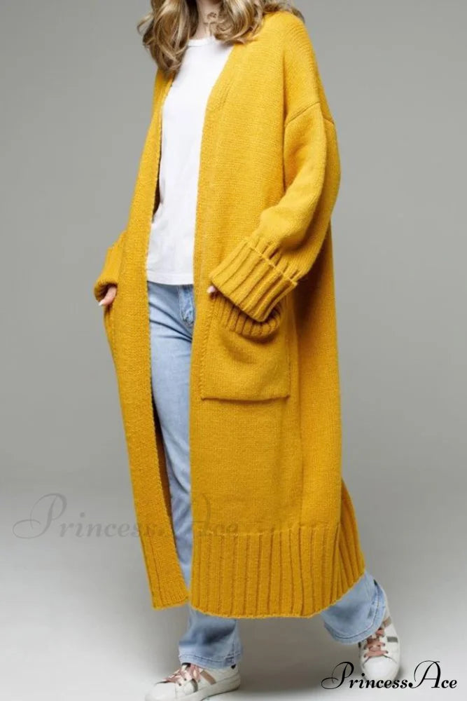 Long Cardigan With Open Front And Pockets Yellow / S Cardigans