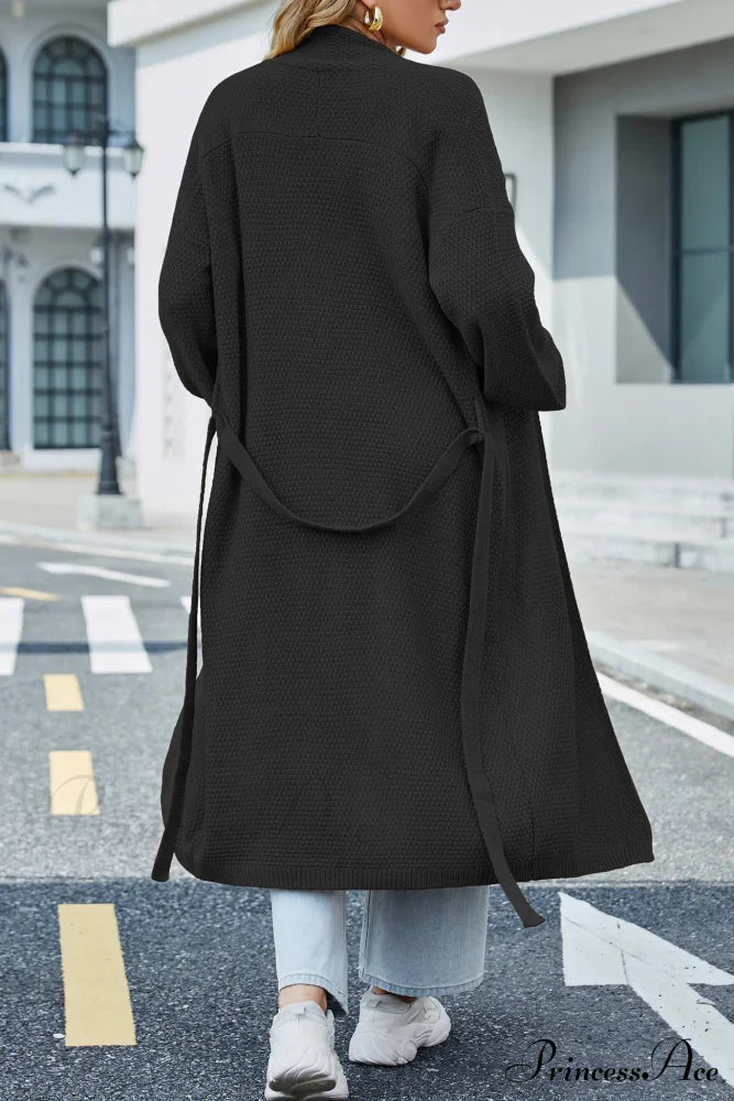 Long Cardigan With Open Front And Tie-Waist Black / L Cardigans