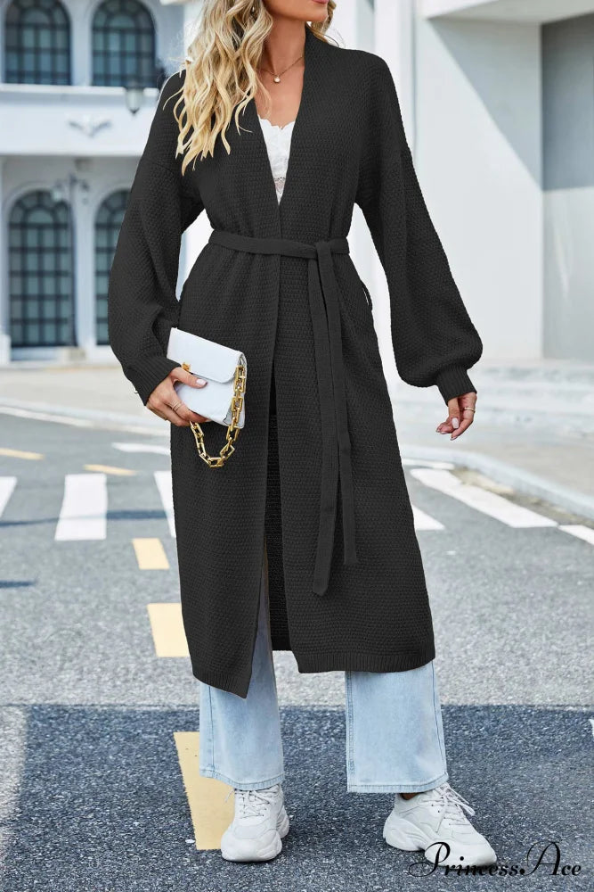 Long Cardigan With Open Front And Tie-Waist Black / M Cardigans