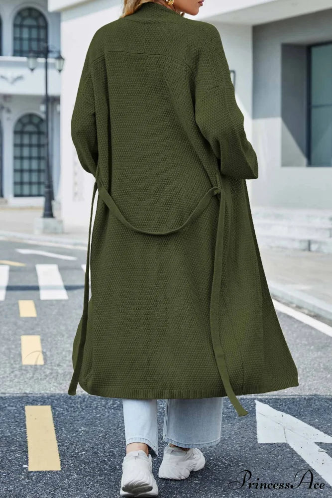 Long Cardigan With Open Front And Tie-Waist Green / L Cardigans