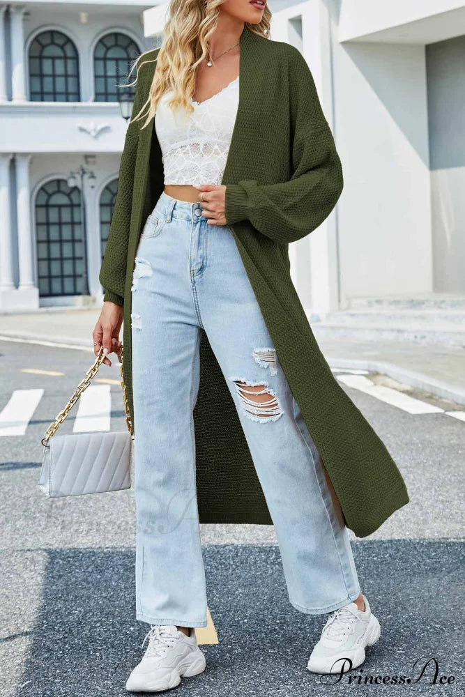 Long Cardigan With Open Front And Tie-Waist Green / M Cardigans