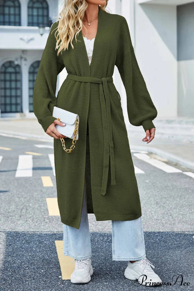 Long Cardigan With Open Front And Tie-Waist Green / S Cardigans