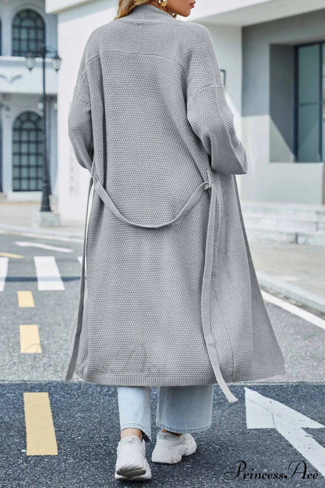 Long Cardigan With Open Front And Tie-Waist Grey / L Cardigans