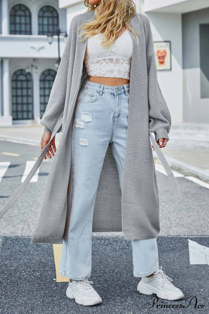 Long Cardigan With Open Front And Tie-Waist Grey / M Cardigans