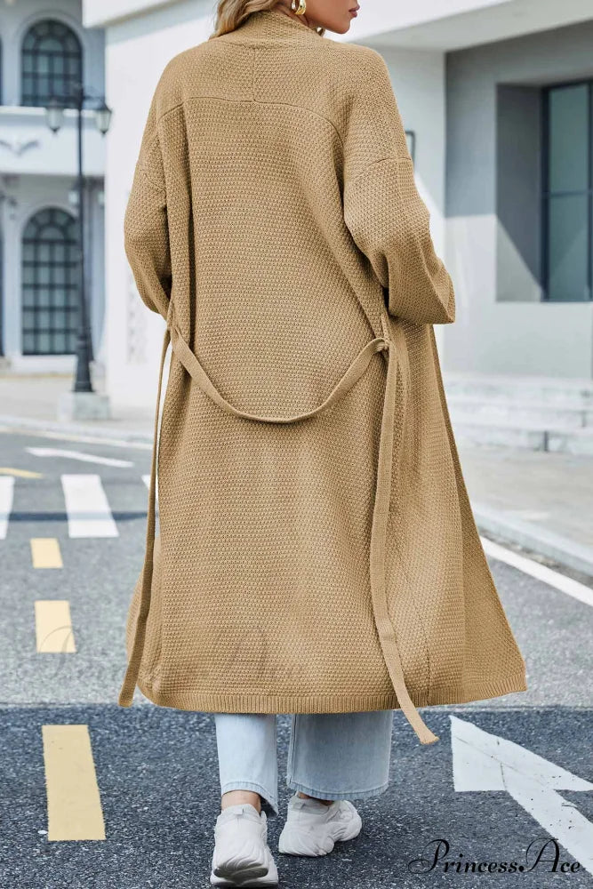 Long Cardigan With Open Front And Tie-Waist Khaki / L Cardigans