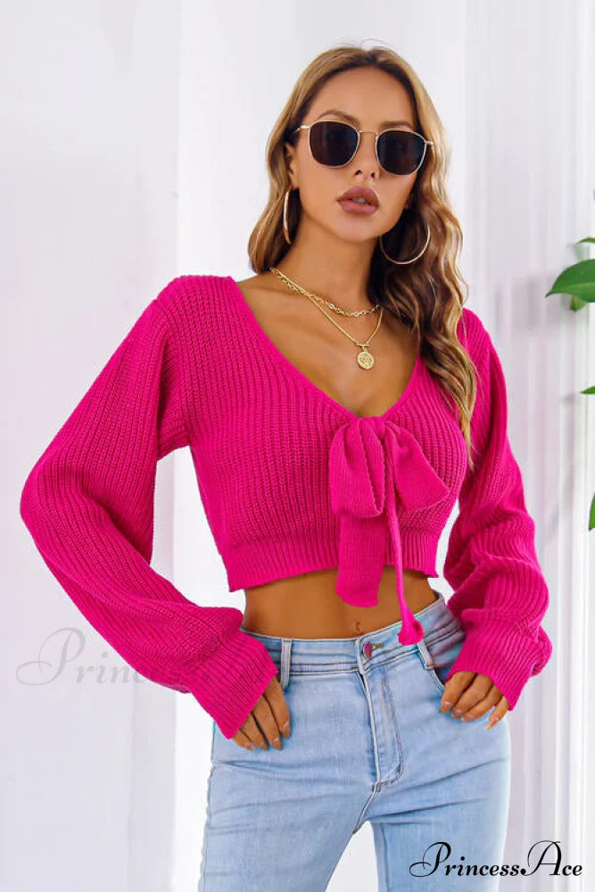 Bow V-Neck Long Sleeve Cropped Sweater Deep Rose clothes crop top crop tops croptop long sleeve shirt long sleeve shirts long sleeve top long sleeve tops M.Y.C Ship From Overseas shirt shirts Sweater sweaters top tops