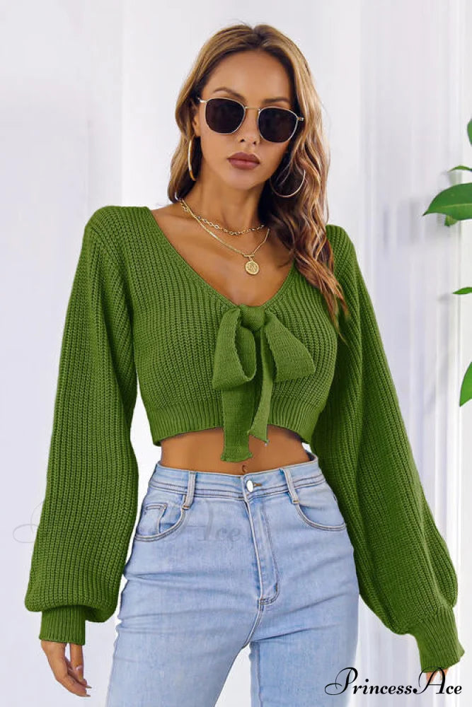 Bow V-Neck Long Sleeve Cropped Sweater Green clothes crop top crop tops croptop long sleeve shirt long sleeve shirts long sleeve top long sleeve tops M.Y.C Ship From Overseas shirt shirts Sweater sweaters top tops