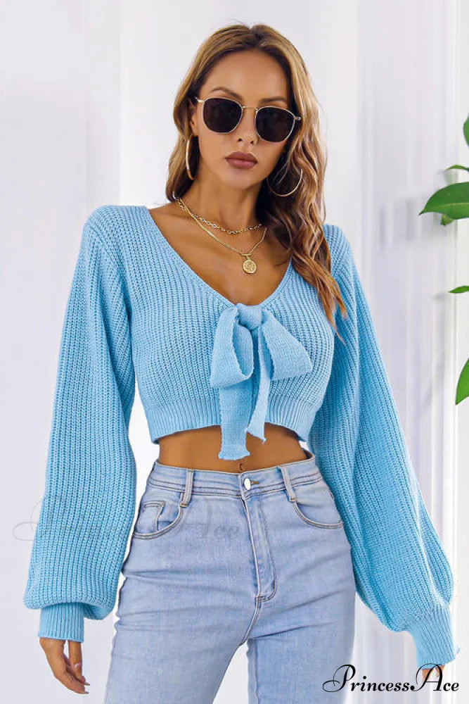 Bow V-Neck Long Sleeve Cropped Sweater Pastel Blue clothes crop top crop tops croptop long sleeve shirt long sleeve shirts long sleeve top long sleeve tops M.Y.C Ship From Overseas shirt shirts Sweater sweaters top tops