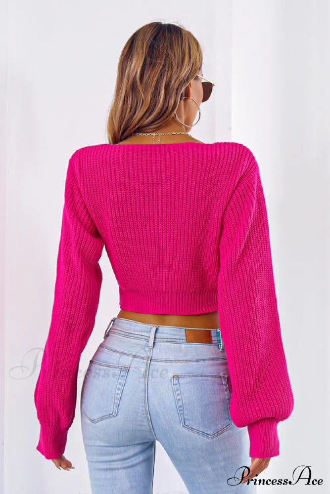 Long Cropped V-Neck Arm Sweater Sweaters-L