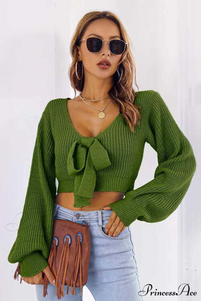 Long Cropped V-Neck Arm Sweater Sweaters-L