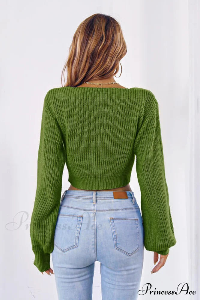 Long Cropped V-Neck Arm Sweater Sweaters-L