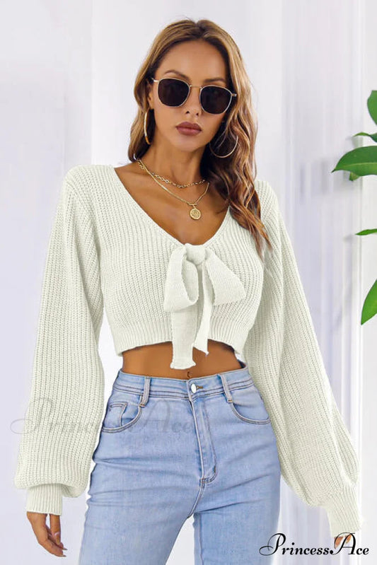 Long Cropped V-Neck Arm Sweater Sweaters-L