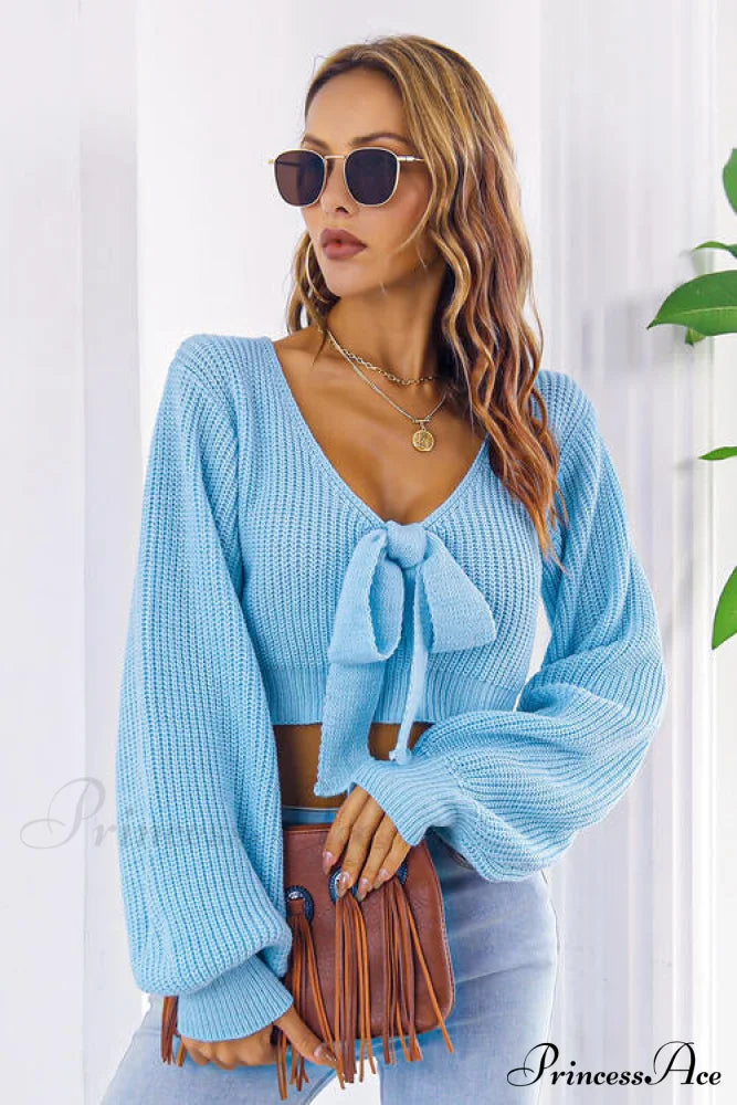 Long Cropped V-Neck Arm Sweater Sweaters-L