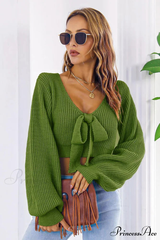 Long Cropped V-Neck Arm Sweater Sweaters-L