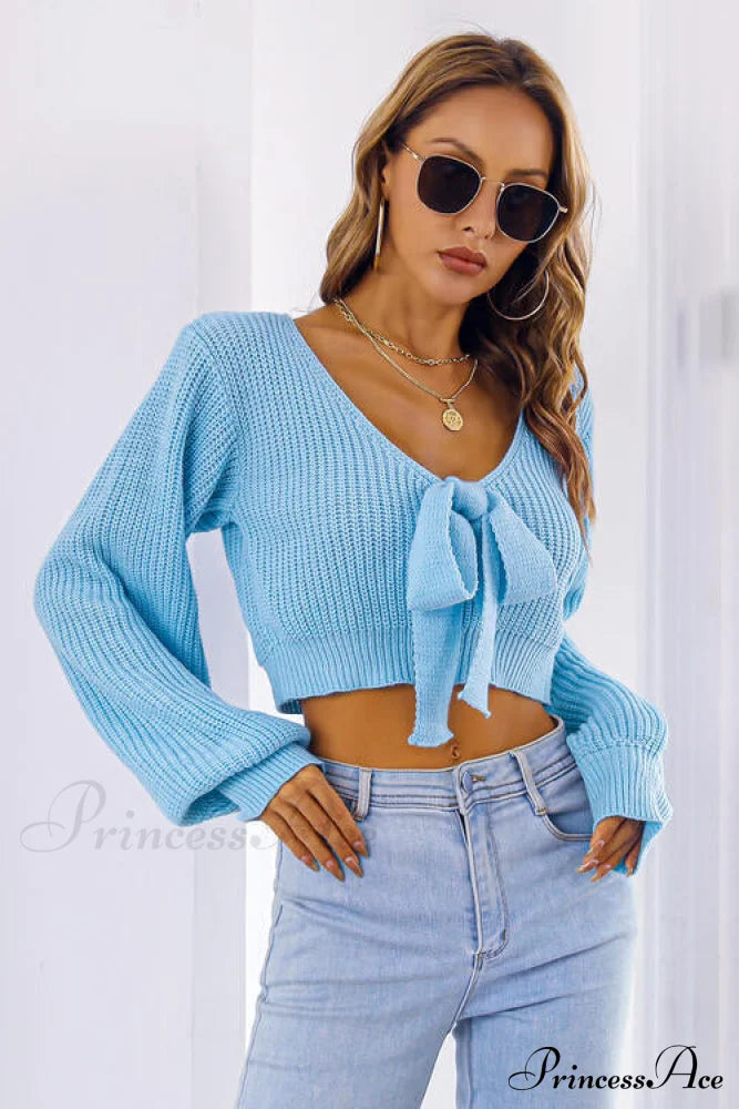 Long Cropped V-Neck Arm Sweater Sweaters-L