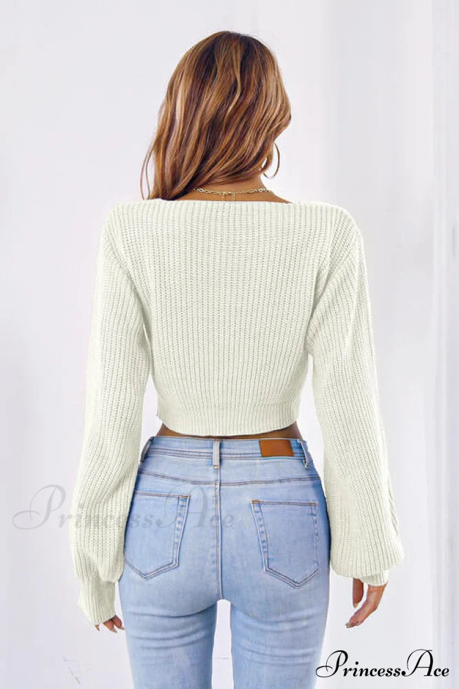 Long Cropped V-Neck Arm Sweater Sweaters-L