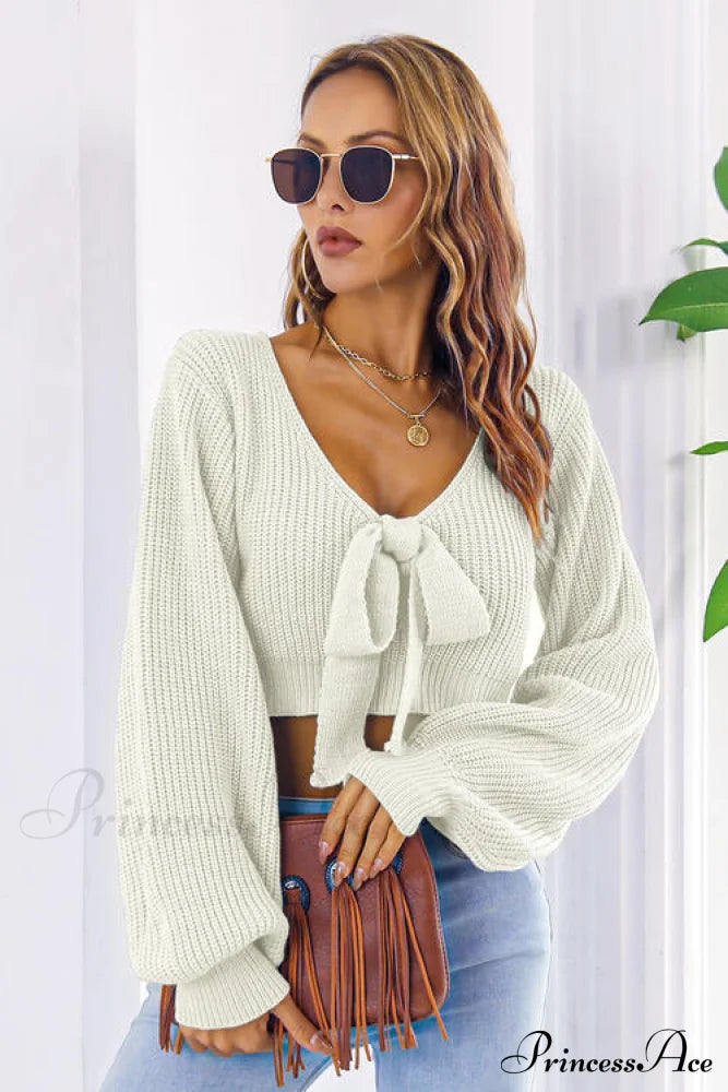 Long Cropped V-Neck Arm Sweater Sweaters-L