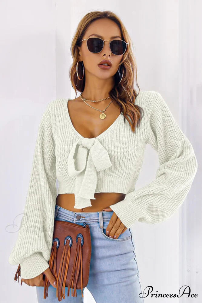 Bow V-Neck Long Sleeve Cropped Sweater White clothes crop top crop tops croptop long sleeve shirt long sleeve shirts long sleeve top long sleeve tops M.Y.C Ship From Overseas shirt shirts Sweater sweaters top tops