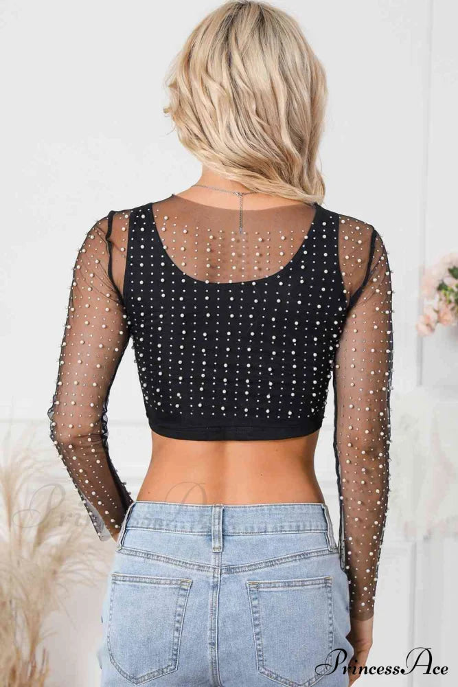 Long Cropped With Pearl Top Mesh Sleeves