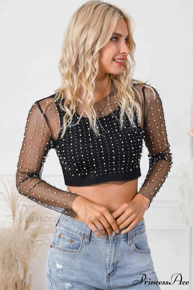 Pearl Long Sleeve Mesh Cropped Top Black clothes crop top crop tops cropped croptop long sleeve shirt long sleeve shirts long sleeve top Ship From Overseas shirt shirts SYNZ top tops