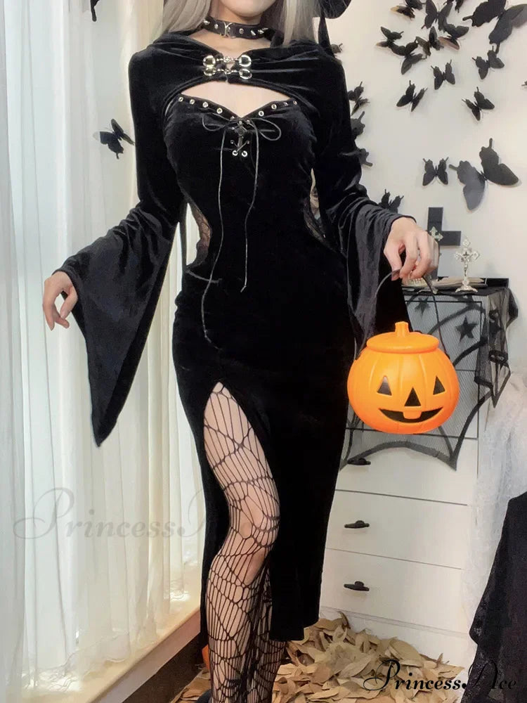 Long Dress Suit With Hat See Through Velvet Lace Cutout High Slit Sleeve Button Lace-Up Party Black