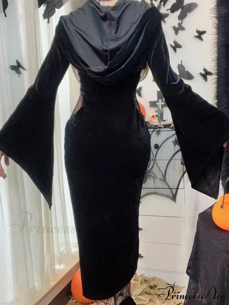 Long Dress Suit With Hat See Through Velvet Lace Cutout High Slit Sleeve Button Lace-Up Party