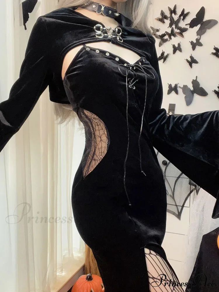 Long Dress Suit With Hat See Through Velvet Lace Cutout High Slit Sleeve Button Lace-Up Party