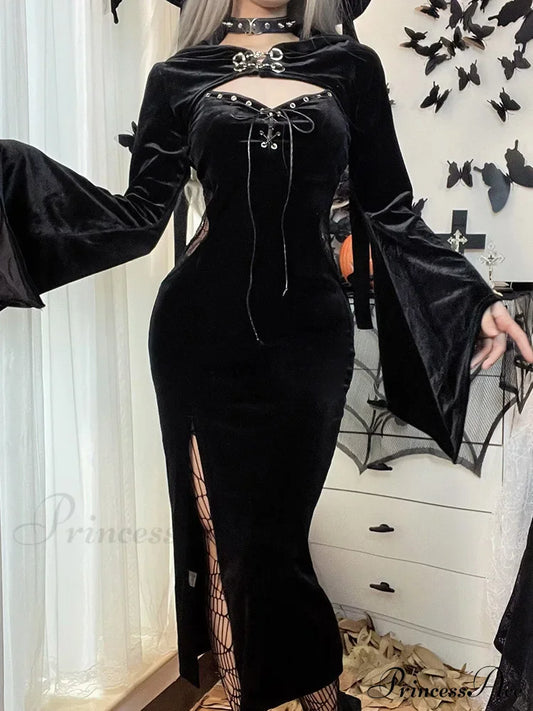 Long Dress Suit With Hat See Through Velvet Lace Cutout High Slit Sleeve Button Lace-Up Party