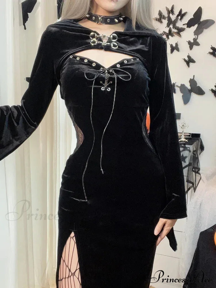 Long Dress Suit With Hat See Through Velvet Lace Cutout High Slit Sleeve Button Lace-Up Party