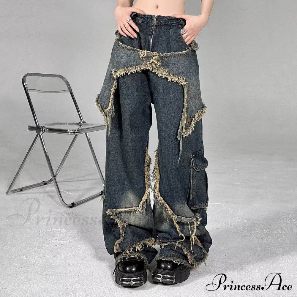 Long Fading Distressed Star Vintage Denim Jeans