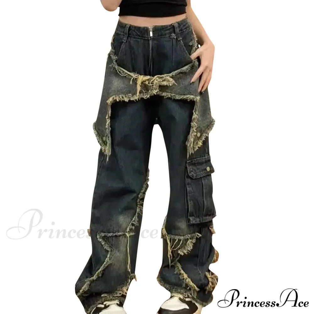 Long Fading Distressed Star Vintage Denim Jeans