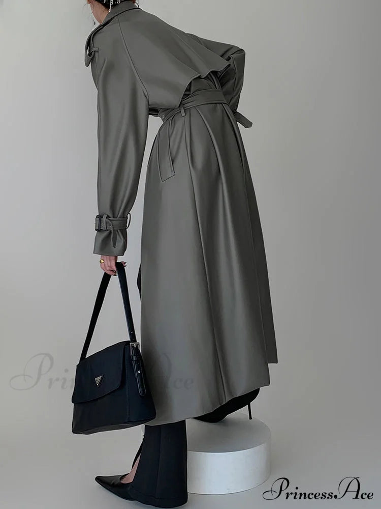 Long Gray Pu Leather Raglan Sleeve Belt Runway Luxury Designer European Fashion Stylish Coat Coats-L