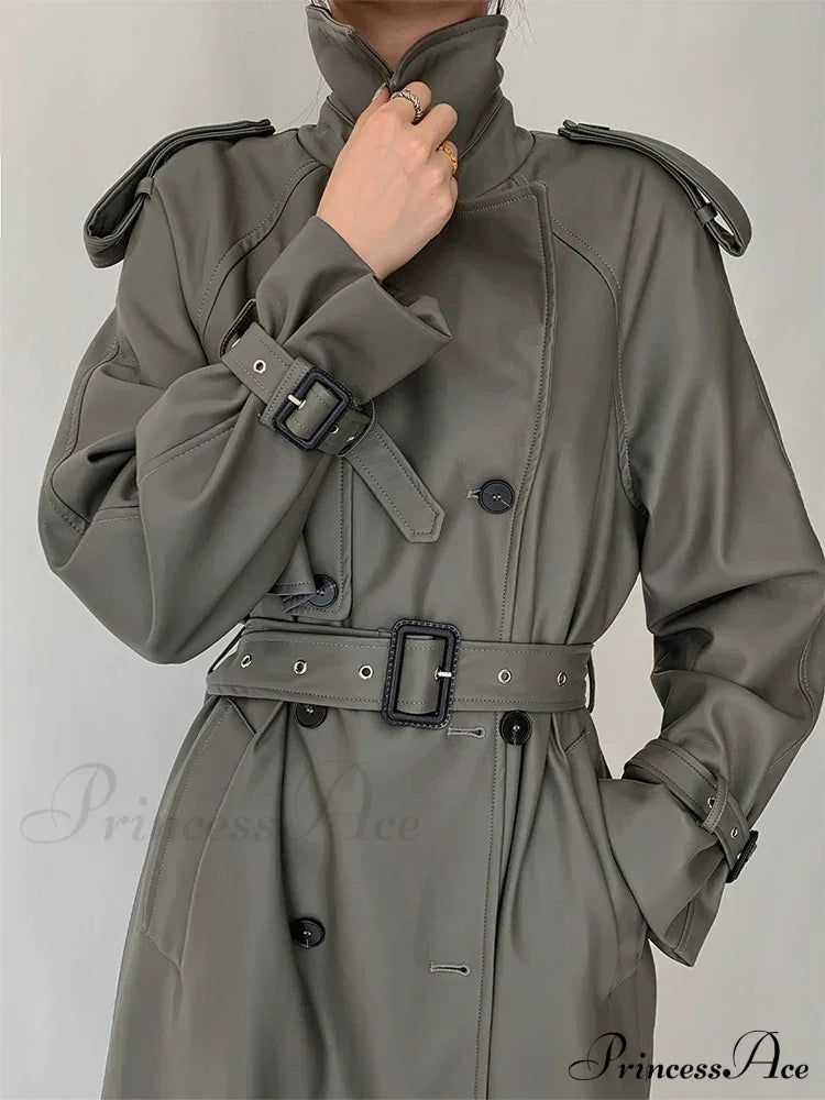 Long Gray Pu Leather Raglan Sleeve Belt Runway Luxury Designer European Fashion Stylish Coat Gray /