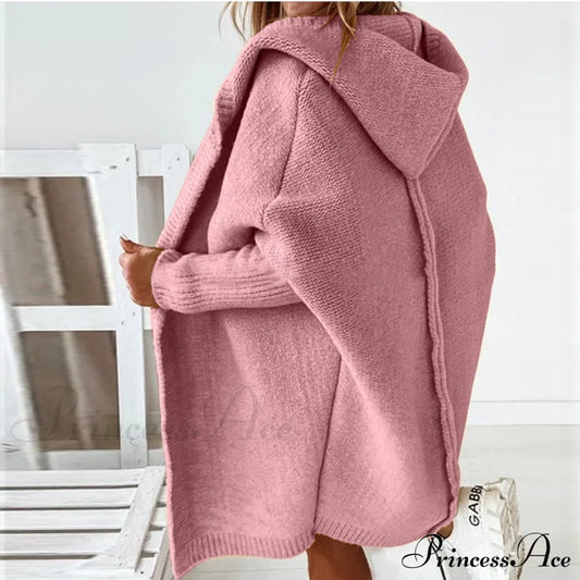 Long Hooded Cardigan Women Solid Color Braid Knit Overcoat